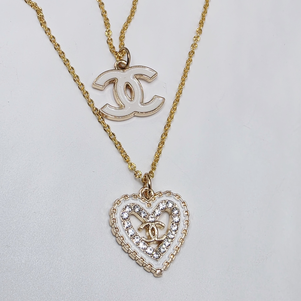 CHANEL Gold and White Heart Pendant Necklace